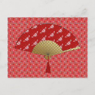 Deco Fan -  Butterflies, Dark Red and White Postcard