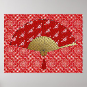 Deco Fan -  Butterflies, Dark Red and White Poster