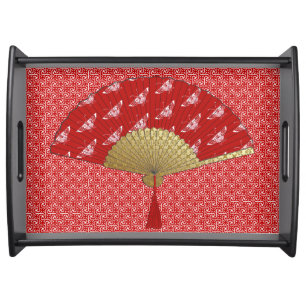 Deco Fan - Butterflies, Dark Red and White Serving Tray