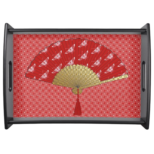 Deco Fan -  Butterflies, Dark Red and White Serving Tray (Front)