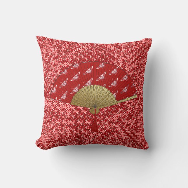 Deco Fan -  Butterflies, Dark Red and White Throw Pillow (Front)