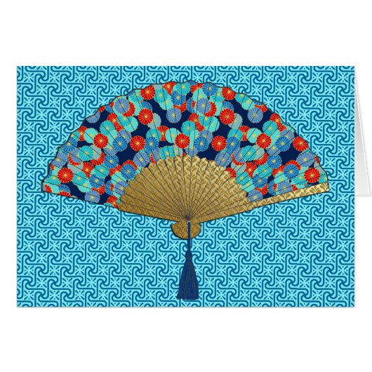 Deco Fan -  Flowers in Cobalt, Turquoise and Red (Front Horizontal)