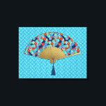 Deco Fan -  Flowers in Cobalt, Turquoise and Red Canvas Print<br><div class="desc">An Art Deco Japanese fan canvas print in a traditional,  stylized chrysanthemum pattern used in Japanese textiles,  in shades of blue,  turquoise and bright red,  outlined in gold,  on dark blue,  with an embossed gold base and a coordinating deco patterned background</div>