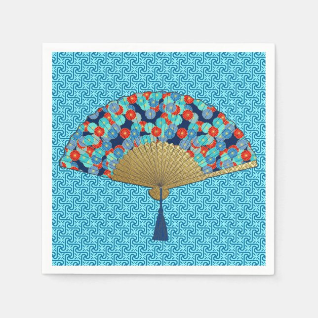 Deco Fan -  Flowers in Cobalt, Turquoise and Red Paper Napkins (Front)