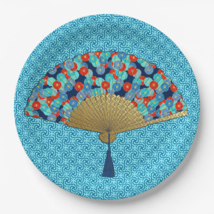 Deco Fan - Flowers in Cobalt, Turquoise and Red Paper Plates