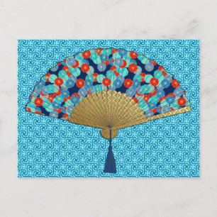 Deco Fan -  Flowers in Cobalt, Turquoise and Red Postcard