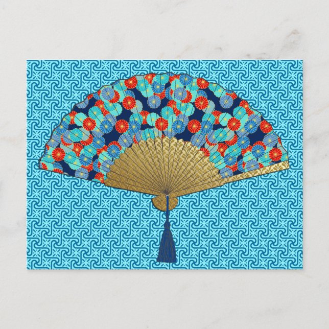 Deco Fan -  Flowers in Cobalt, Turquoise and Red Postcard (Front)