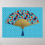 Deco Fan -  Flowers in Cobalt, Turquoise and Red Poster<br><div class="desc">An Art Deco Japanese fan art print in a traditional,  stylized chrysanthemum pattern used in Japanese textiles,  in shades of blue,  turquoise and bright red,  outlined in gold,  on dark blue,  with an embossed gold base and a coordinating deco patterned background</div>