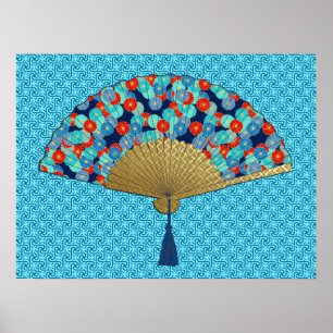 Deco Fan - Flowers in Cobalt, Turquoise and Red Poster