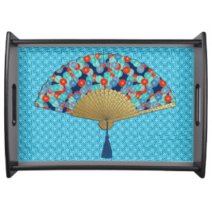 Deco Fan - Flowers in Cobalt, Turquoise and Red Serving Tray