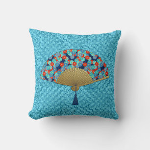 Deco Fan - Flowers in Cobalt, Turquoise and Red Throw Pillow