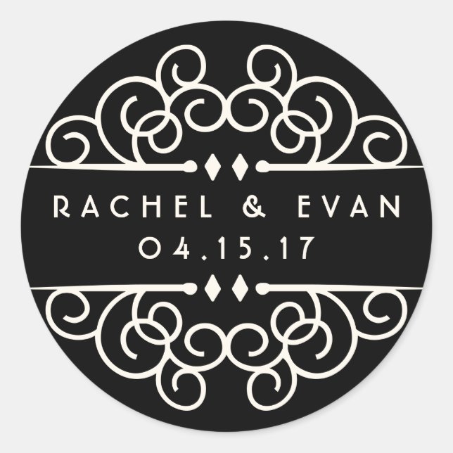 Deco Flourish Personalized Wedding Classic Round Sticker (Front)