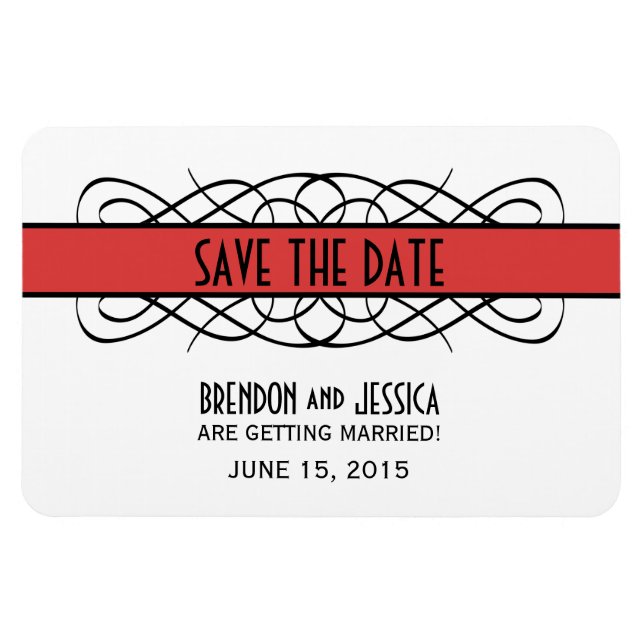 Deco Flourish Save the Date Magnet, Red Magnet (Horizontal)