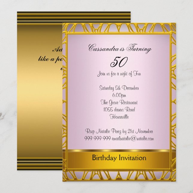 Deco Gold 50th Birthday Invitation Pink (Front/Back)