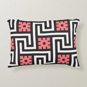 Deco Greek Key, Black, White and Coral Pink Accent Pillow