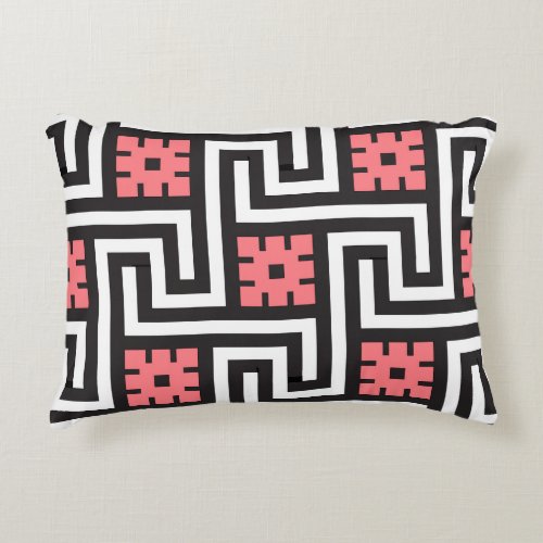 Deco Greek Key Black White and Coral Pink Accent Pillow
