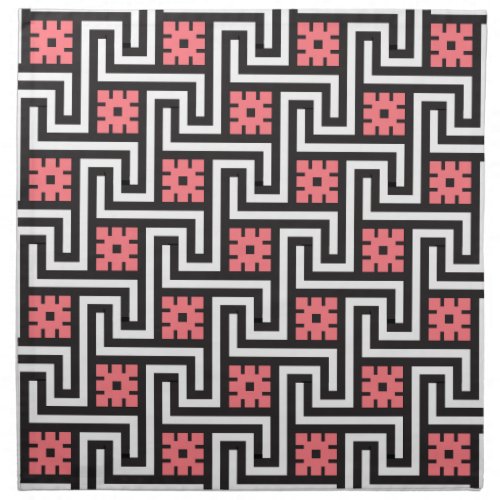 Deco Greek Key Black White and Coral Pink Cloth Napkin