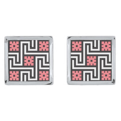 Deco Greek Key Black White and Coral Pink Cufflinks