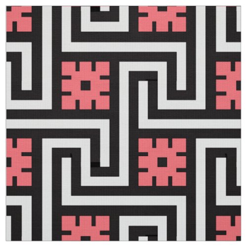 Deco Greek Key Black White and Coral Pink Fabric