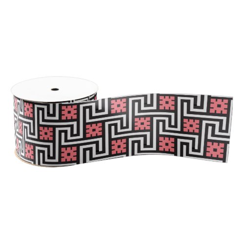 Deco Greek Key Black White and Coral Pink Grosgrain Ribbon