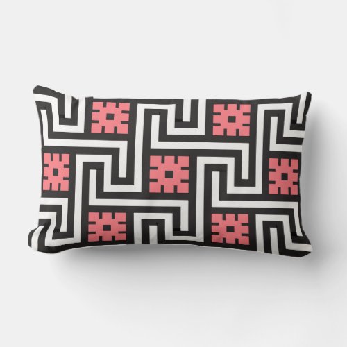 Deco Greek Key Black White and Coral Pink Lumbar Pillow