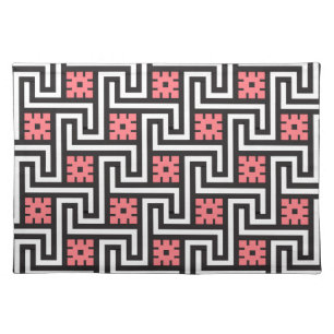 Deco Greek Key, Black, White and Coral Pink Placemat