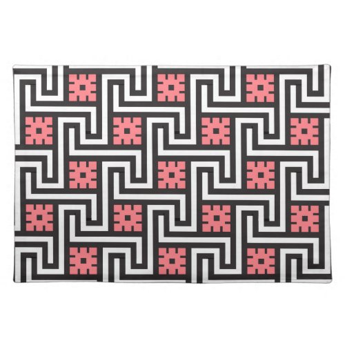 Deco Greek Key Black White and Coral Pink Placemat