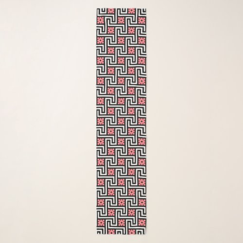 Deco Greek Key Black White and Coral Pink Scarf