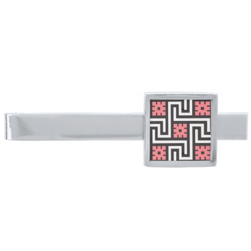 Deco Greek Key Black White and Coral Pink Silver Finish Tie Bar