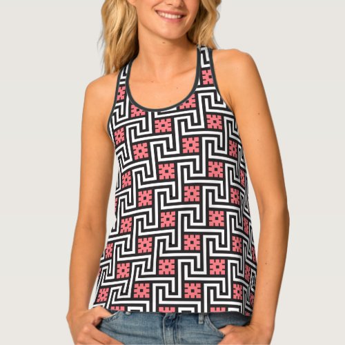 Deco Greek Key Black White and Coral Pink Tank Top