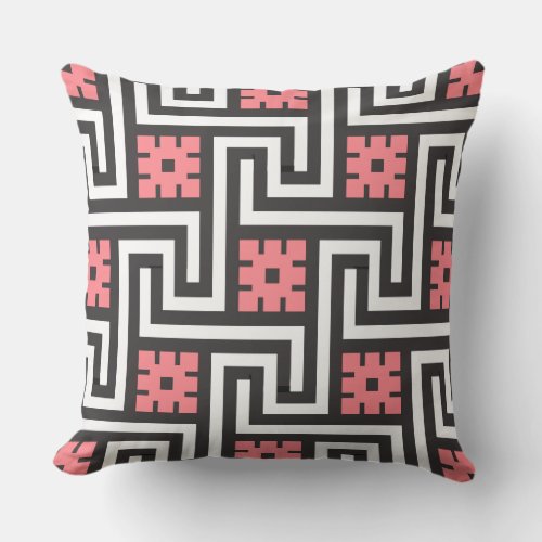 Deco Greek Key Black White and Coral Pink Throw Pillow