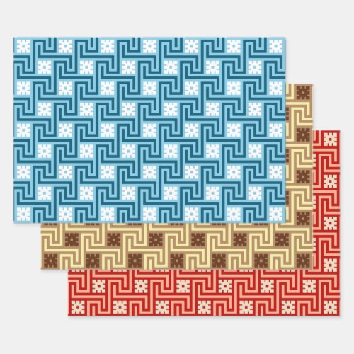 Deco Greek Key Blue  White Brown Orange Wrapping Paper Sheets