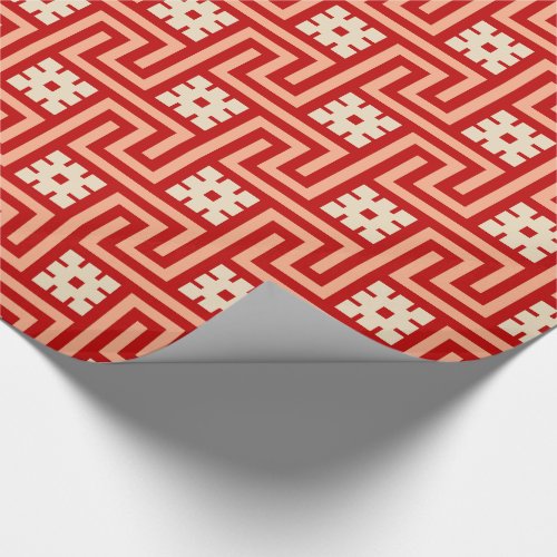 Deco Greek Key Coral Orange and Beige Wrapping Paper