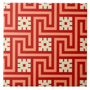 Deco Greek Key, Coral Orange and Cream Ceramic Tile