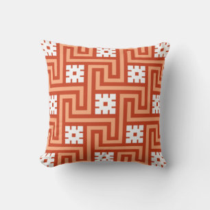 Deco Greek Key, Coral Orange and White Throw Pillow