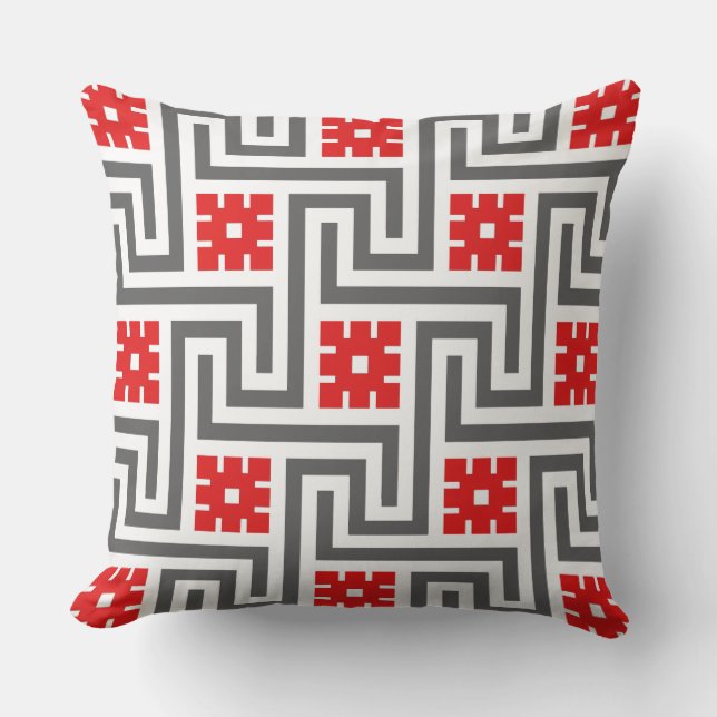 Deco Greek Key, Deep Red, White and Grey / Gray Throw Pillow (Front)
