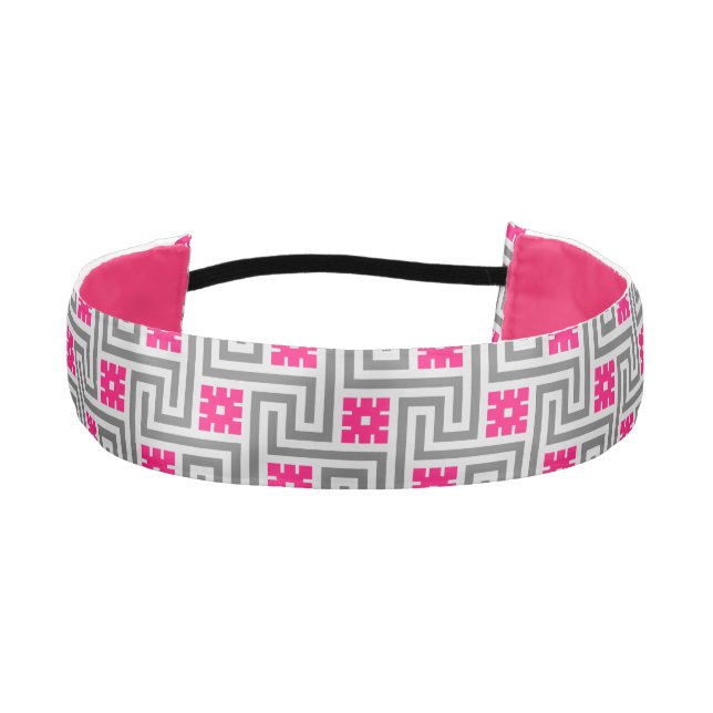 Deco Greek Key, Grey / Gray and Fuchsia Pink Athletic Headband (Front)