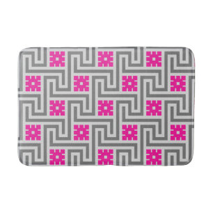 Deco Greek Key, Grey / Gray and Fuchsia Pink Bath Mat