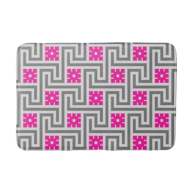 Deco Greek Key, Grey / Gray and Fuchsia Pink Bath Mat (Front)