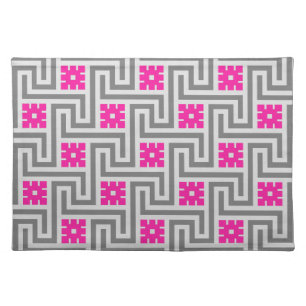 Deco Greek Key, Grey / Gray and Fuchsia Pink Cloth Placemat