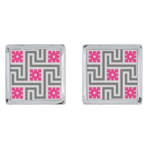 Deco Greek Key, Grey / Gray and Fuchsia Pink Cufflinks