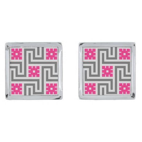 Deco Greek Key Grey  Gray and Fuchsia Pink Cufflinks