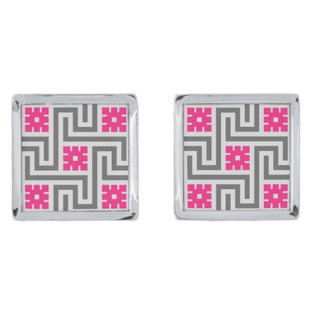 Deco Greek Key, Grey / Gray and Fuchsia Pink Cufflinks (Front)