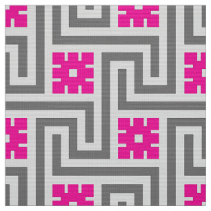 Deco Greek Key, Grey / Gray and Fuchsia Pink Fabric
