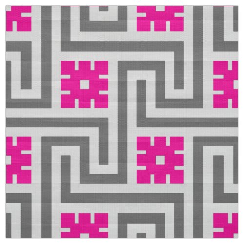 Deco Greek Key Grey  Gray and Fuchsia Pink Fabric