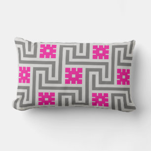 Deco Greek Key, Grey / Gray and Fuchsia Pink Lumbar Pillow