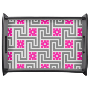 Deco Greek Key, Grey / Gray and Fuchsia Pink Serving Tray
