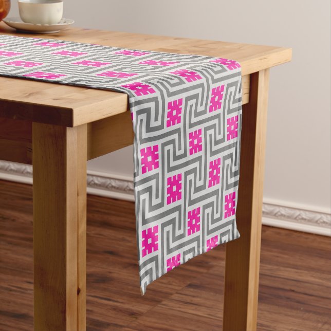 Deco Greek Key, Grey / Gray and Fuchsia Pink Short Table Runner (In Situ)