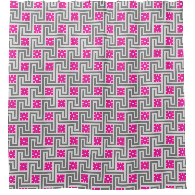 Deco Greek Key, Grey / Gray and Fuchsia Pink Shower Curtain (Front)