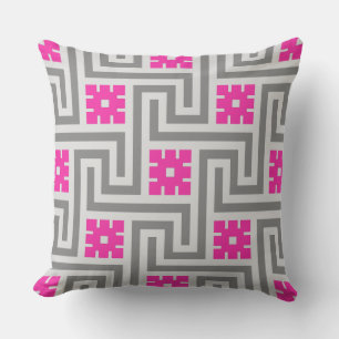 Deco Greek Key, Grey / Gray and Fuchsia Pink Throw Pillow